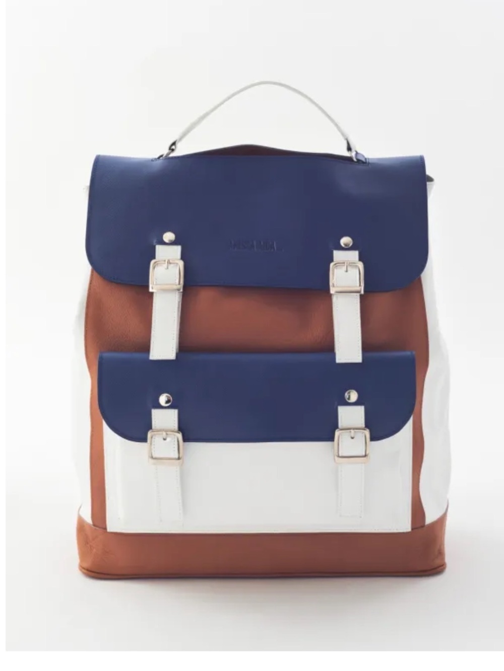 Tricolor Leather Backpack – Blue, White & Tan